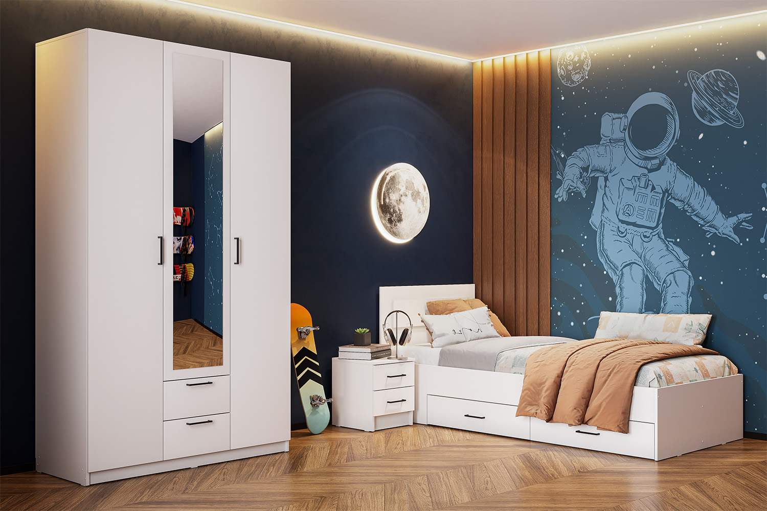 Односпальная кровать с ящиками Бали Белый шагрень