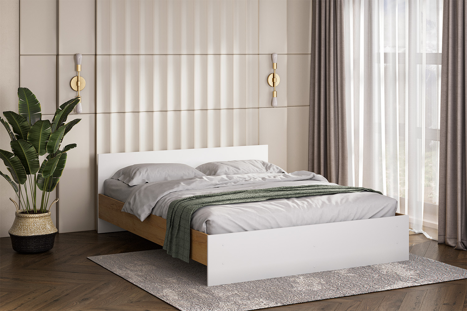 Двуспальная кровать с проложками Денвер дуб золотой белый шагрень