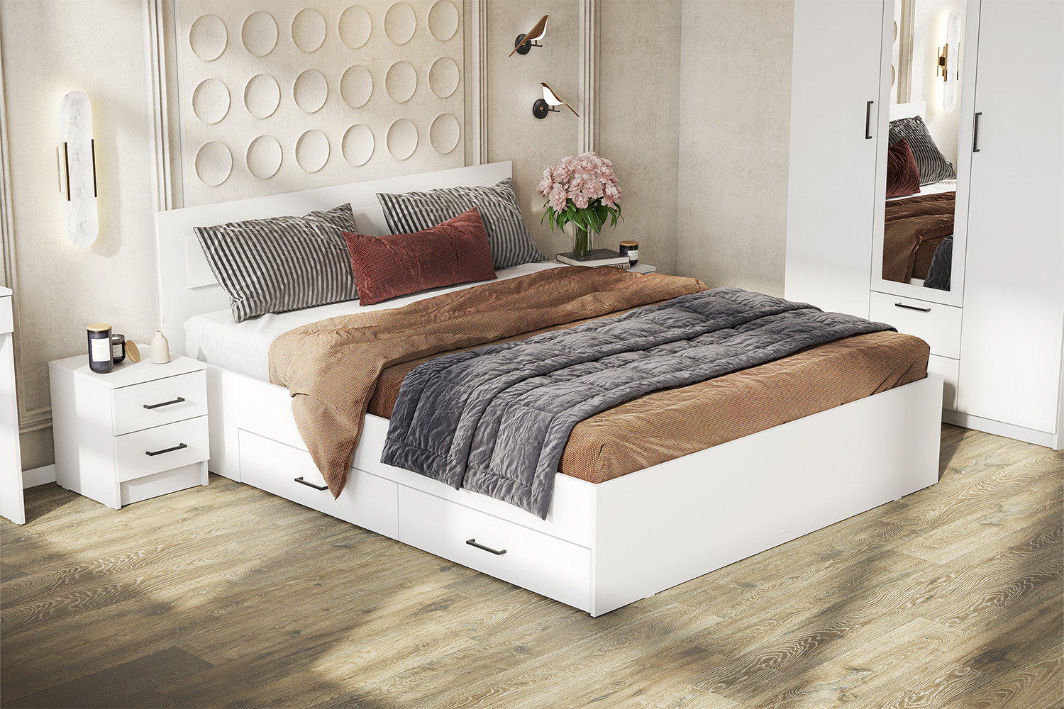 Двуспальная кровать двойная с ящиками Бали, Белый шагрень