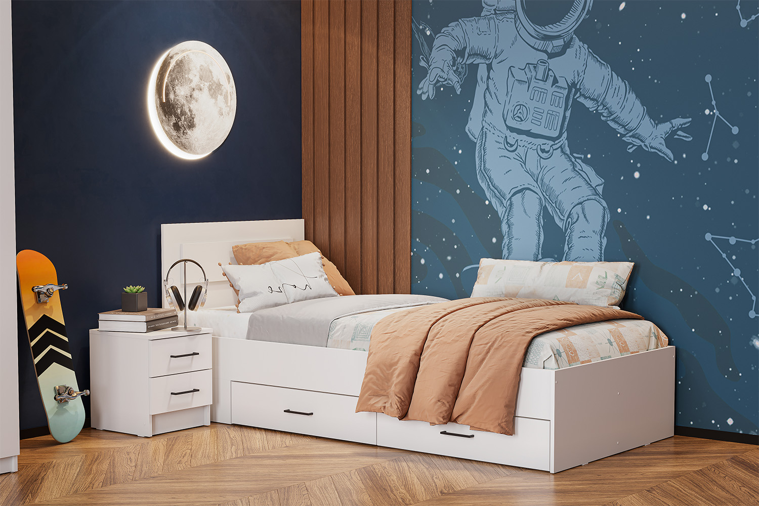 Односпальная кровать с ящиками Бали Белый шагрень