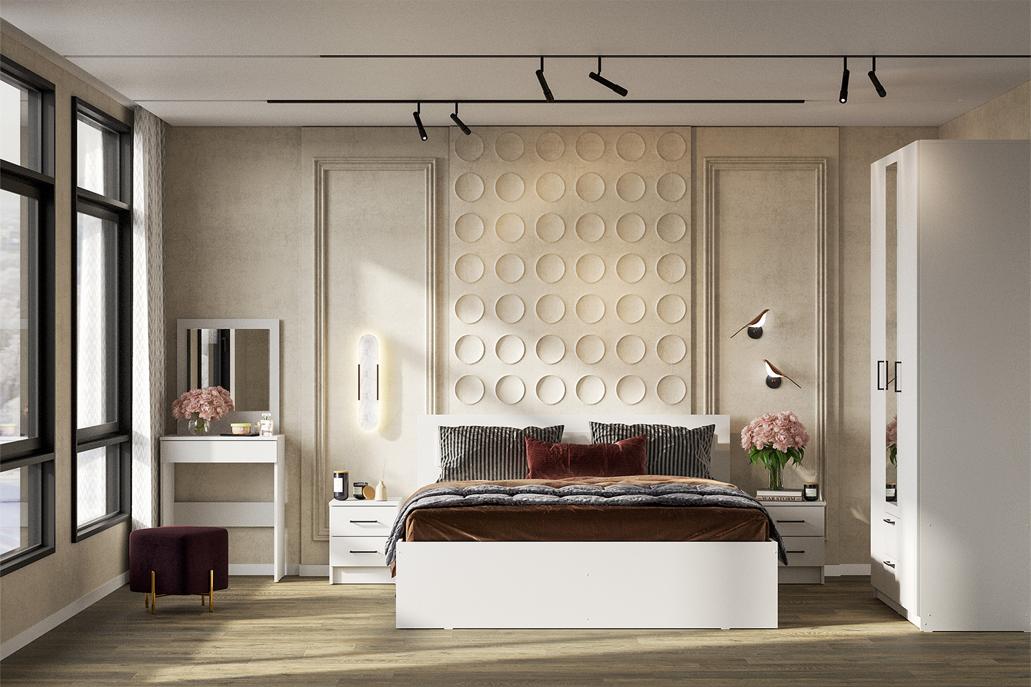 Двуспальная кровать двойная с ящиками Бали, Белый шагрень